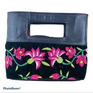 Embroidered Suede And Leather Hand Bag
